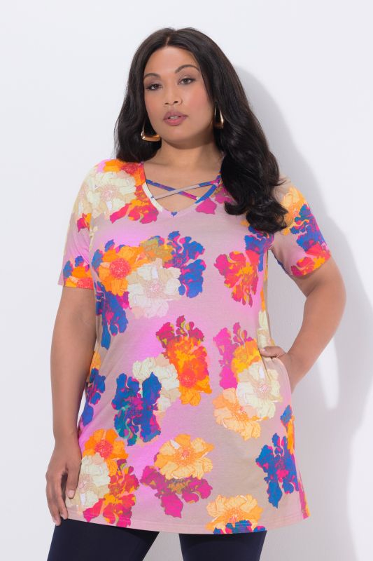 T-shirt long coupe évasée, manches courtes et décolleté en V avec rubans fantaisie