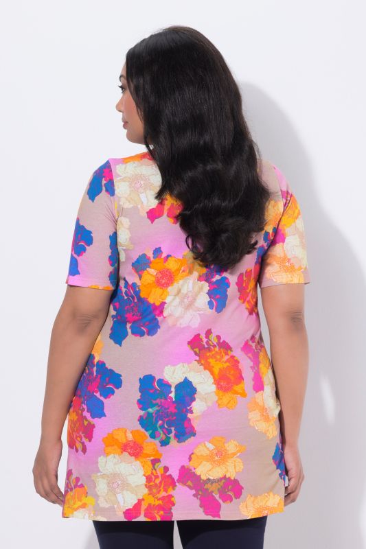 T-shirt long coupe évasée, manches courtes et décolleté en V avec rubans fantaisie