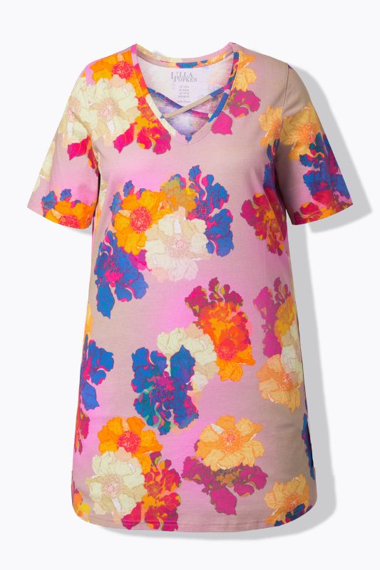 T-shirt long coupe évasée, manches courtes et décolleté en V avec rubans fantaisie