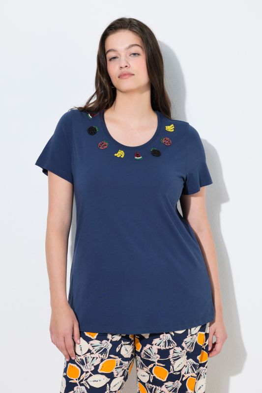 T-shirt en coton bio, fruits en perles fantaisie, décolleté rond et manches courtes