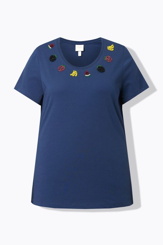 T-shirt en coton bio, fruits en perles fantaisie, décolleté rond et manches courtes