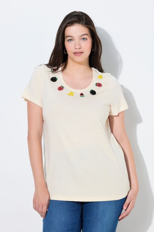 T-shirt en coton bio, fruits en perles fantaisie, décolleté rond et manches courtes