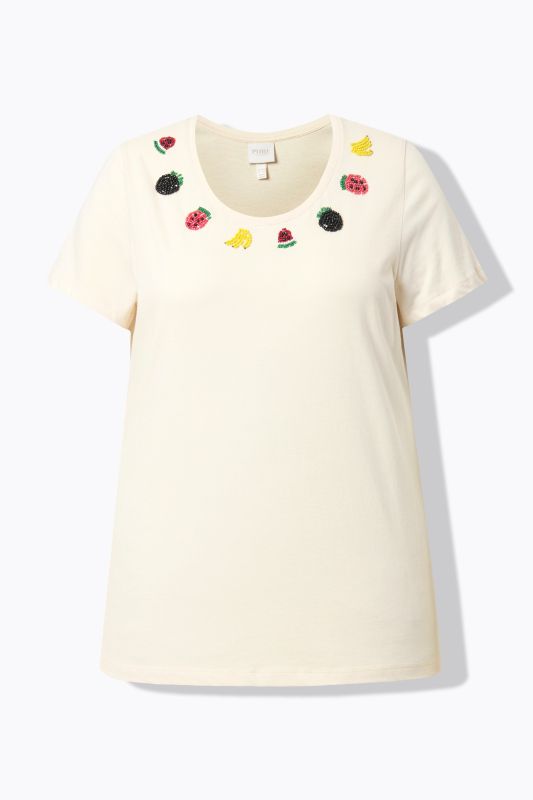 T-shirt en coton bio, fruits en perles fantaisie, décolleté rond et manches courtes