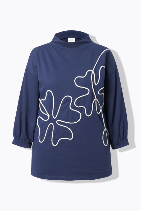 Sweat-shirt en coton bio, trèfles en corde, col montant et manches 3/4