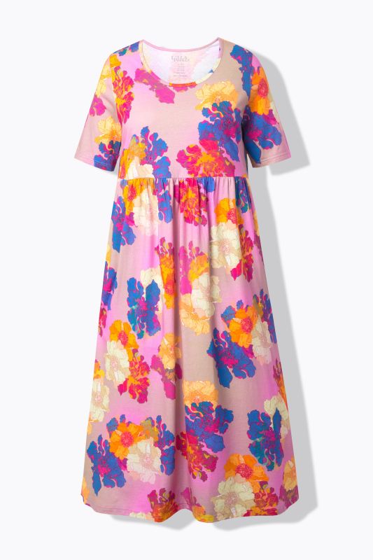 Robe maxi à fleurs, poches, décolleté rond et manches courtes, coupe évasée