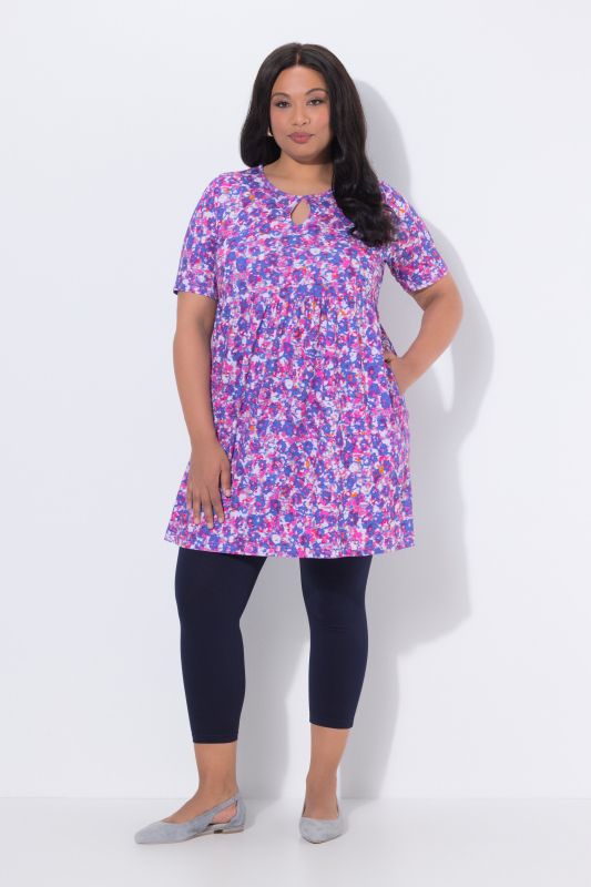 T-shirt long à imprimé, manches courtes et décolleté rond avec « trou de serrure », coupe évasée