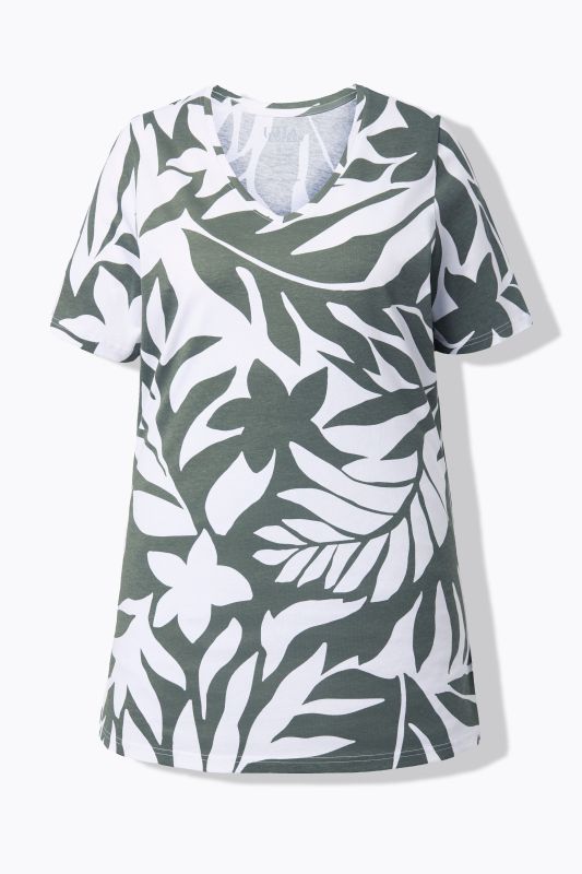 T-shirt long dans un imprimé feuilles, col en V et manches courtes, coupe évasée
