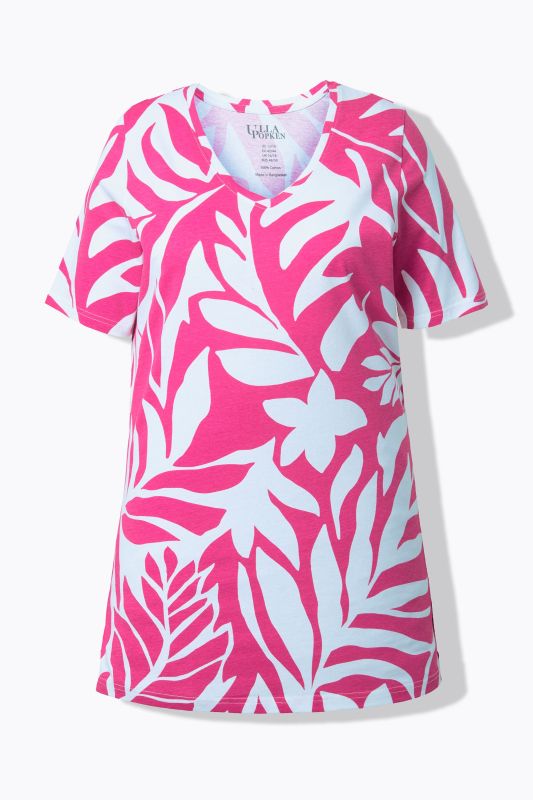 T-shirt long dans un imprimé feuilles, col en V et manches courtes, coupe évasée