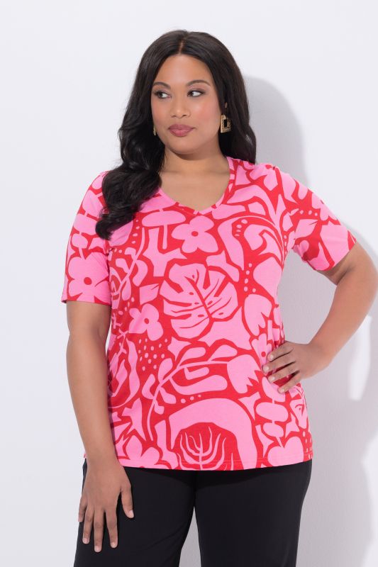 T-shirt imprimé graphique, décolleté en V et manches courtes, coupe évasée