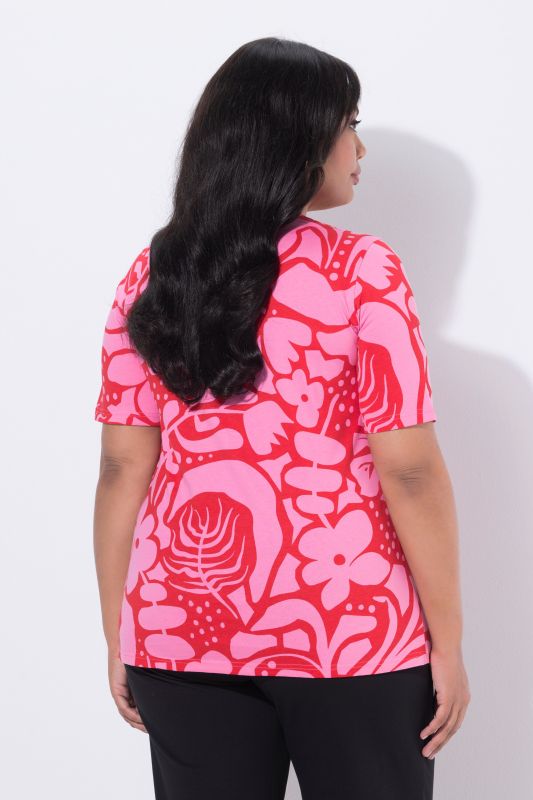 T-shirt imprimé graphique, décolleté en V et manches courtes, coupe évasée