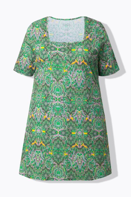 T-shirt long, décolleté carré et manches courtes, coupe évasée