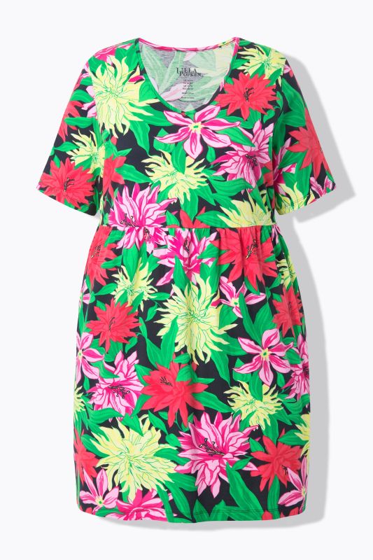 T-shirt long à fleurs, décolleté en V arrondi et manches courtes, coupe évasée