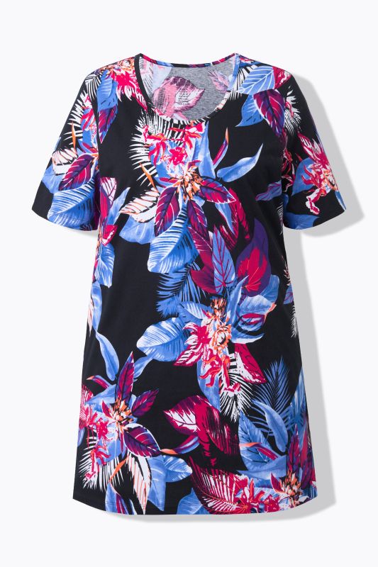 T-shirt long dans un imprimé à fleurs, décolleté rond et manches courtes, coupe évasée