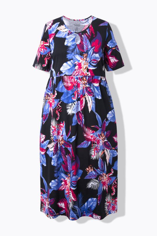 Robe maxi à fleurs, décolleté rond et manches courtes, coupe évasée