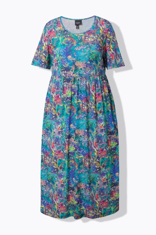 Robe maxi coupe évasée, poches, décolleté rond et manches courtes