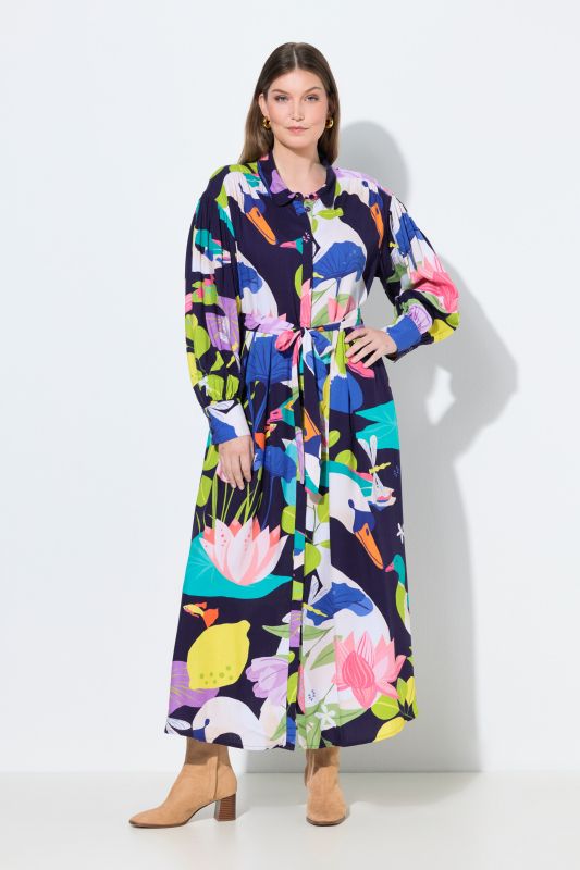 Robe maxi imprimé champêtre, col chemise et manches longues ballon