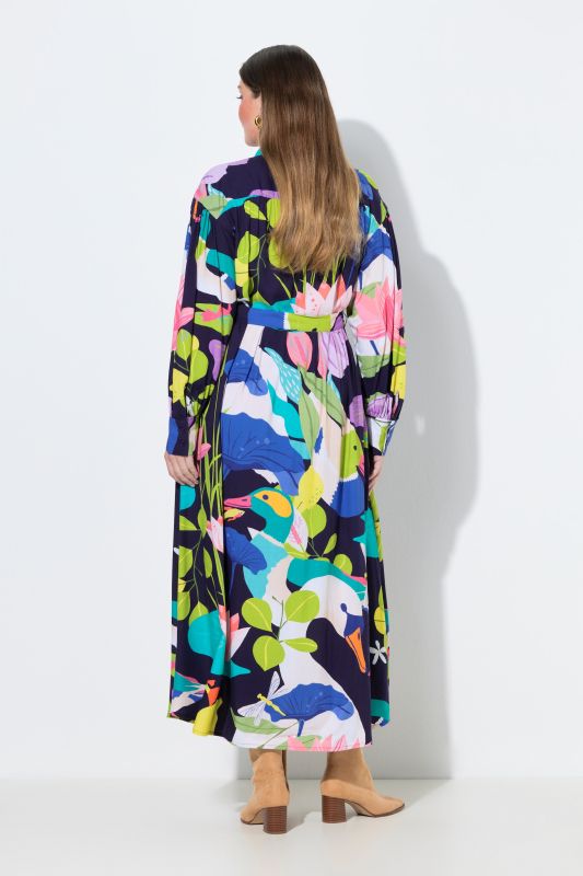 Robe maxi imprimé champêtre, col chemise et manches longues ballon