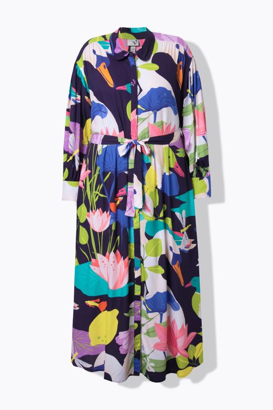 Robe maxi imprimé champêtre, col chemise et manches longues ballon