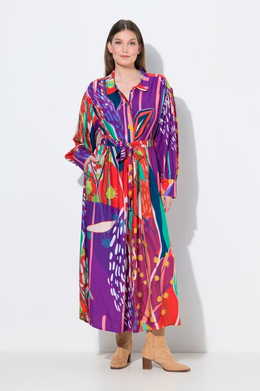 Robe maxi imprimé champêtre, col chemise et manches longues ballon