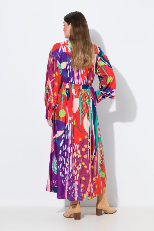 Robe maxi imprimé champêtre, col chemise et manches longues ballon