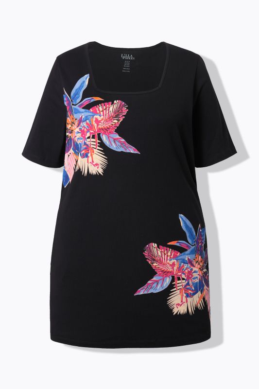 T-shirt long, décolleté carré et manches courtes, coupe évasée