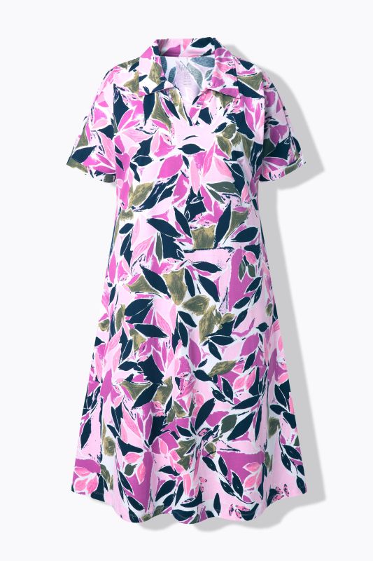 Robe midi à fleurs, manches courtes et col chemise, coupe évasée
