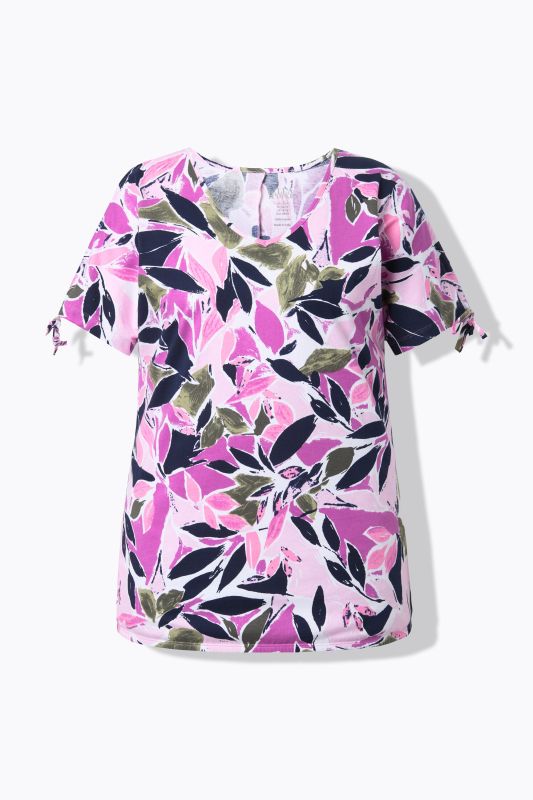 T-shirt à fleurs, coupe évasée, décolleté en V et manches courtes