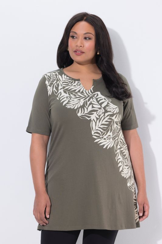 T-shirt long coupe évasée, manches courtes et col tunisien