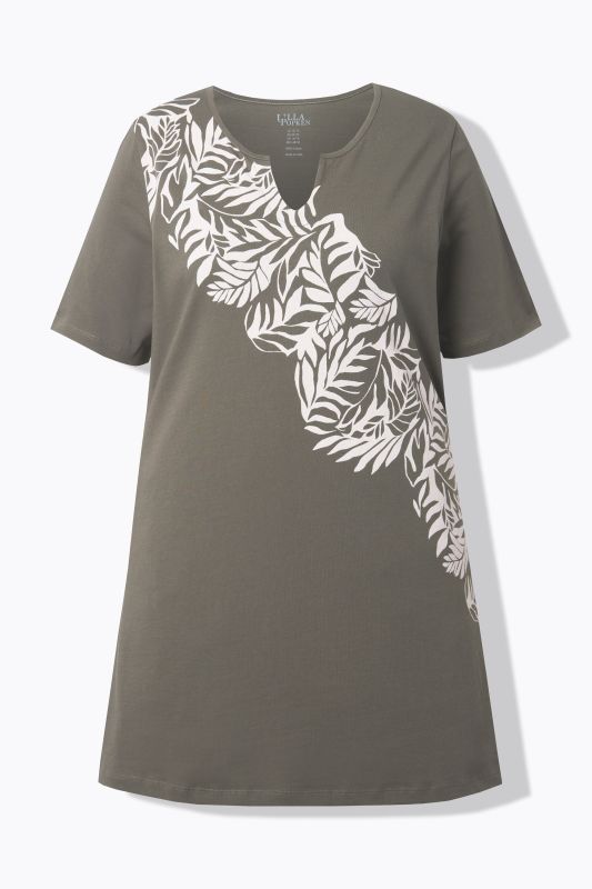 T-shirt long coupe évasée, manches courtes et col tunisien