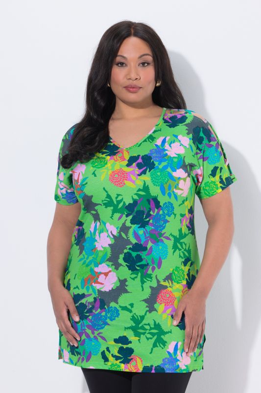 T-shirt long avec rubans fantaisie, manches courtes et décolleté en V, coupe évasée