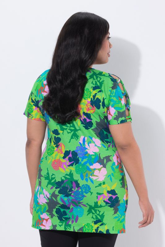 T-shirt long avec rubans fantaisie, manches courtes et décolleté en V, coupe évasée