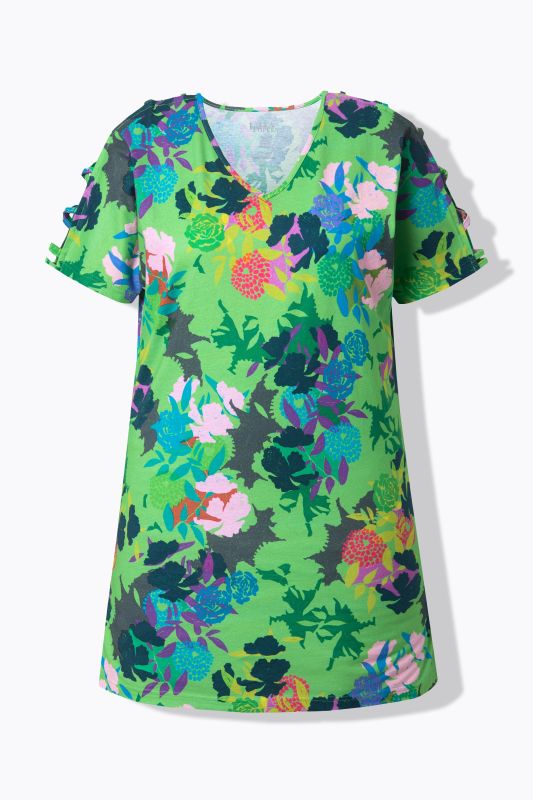 T-shirt long avec rubans fantaisie, manches courtes et décolleté en V, coupe évasée