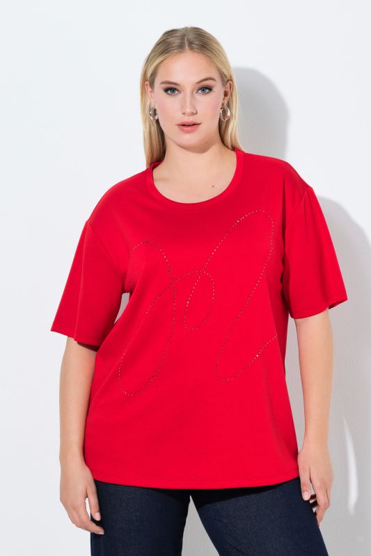 Sweat-shirt en modal mélangé, strass fantaisie, col rond et manches courtes