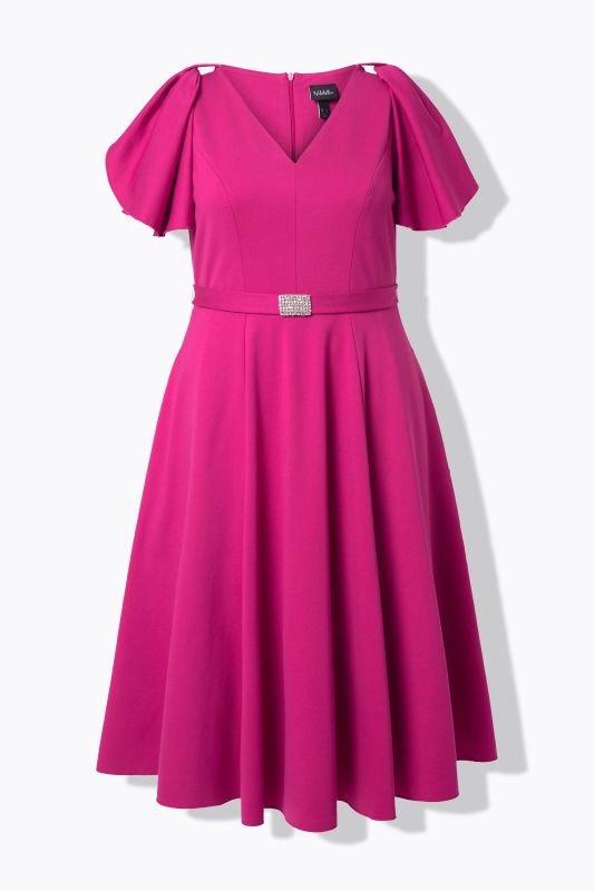 Robe de soirée longueur midi, décolleté en V et ruban fantaisie aux épaules