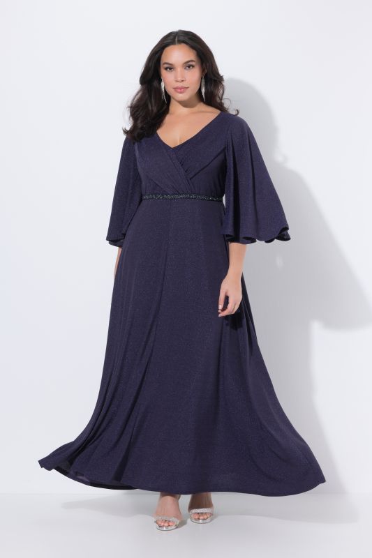 Robe de soirée avec drapé, longueur maxi, décolleté V et manches courtes papillon