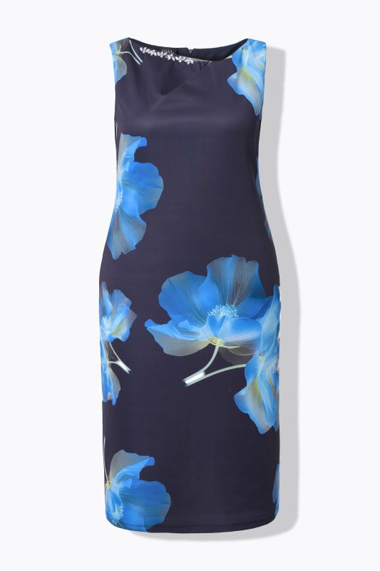 Robe midi sans manches, tissu scuba motif floral, encolure bateau et coupe évasée