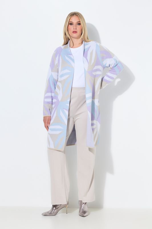 Cardigan long motif graphique, col montant et manches longues