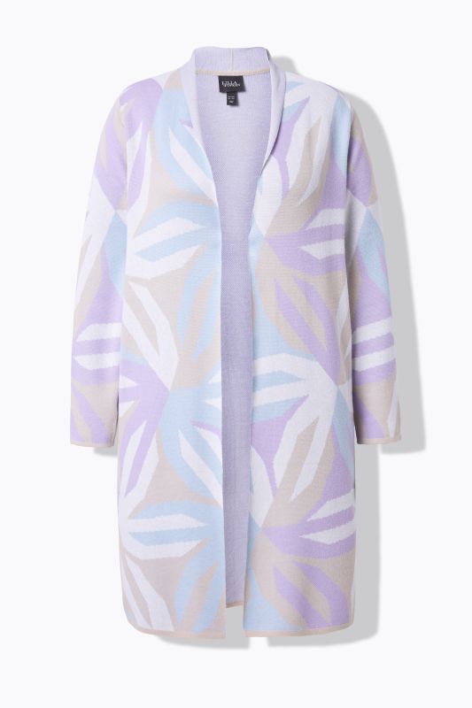 Cardigan long motif graphique, col montant et manches longues