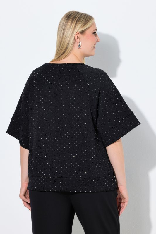 Sweat-shirt en modal mélangé, strass fantaisie, col rond et manches courtes