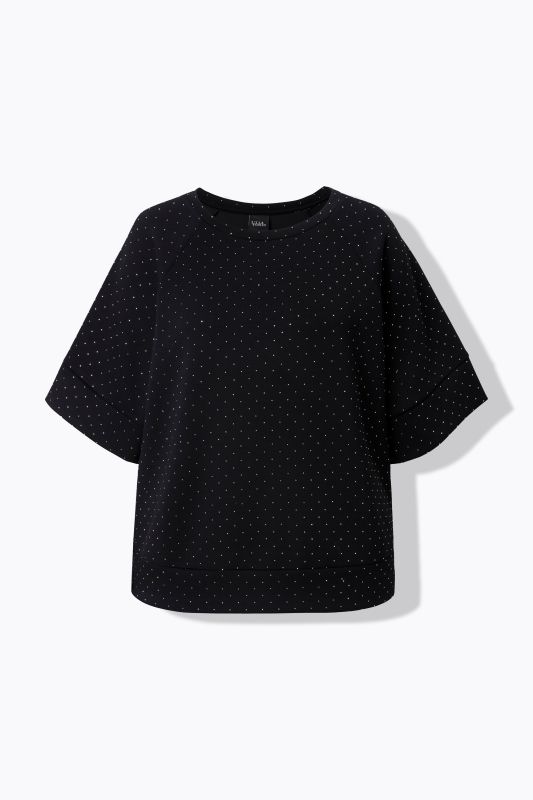 Sweat-shirt en modal mélangé, strass fantaisie, col rond et manches courtes