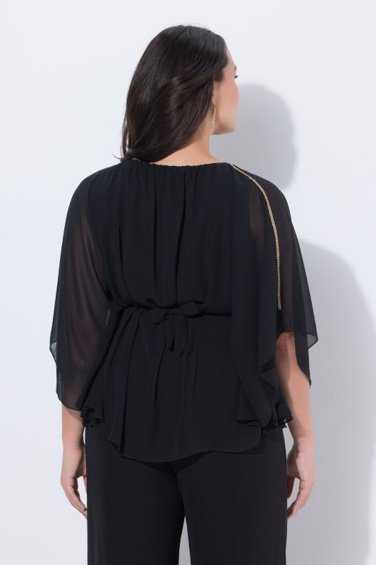 Blouse avec petites pierres scintillants, encolure bateau et manches chauve-souris