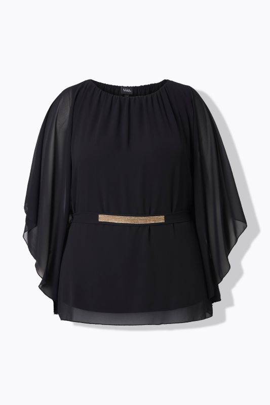 Blouse avec petites pierres scintillants, encolure bateau et manches chauve-souris