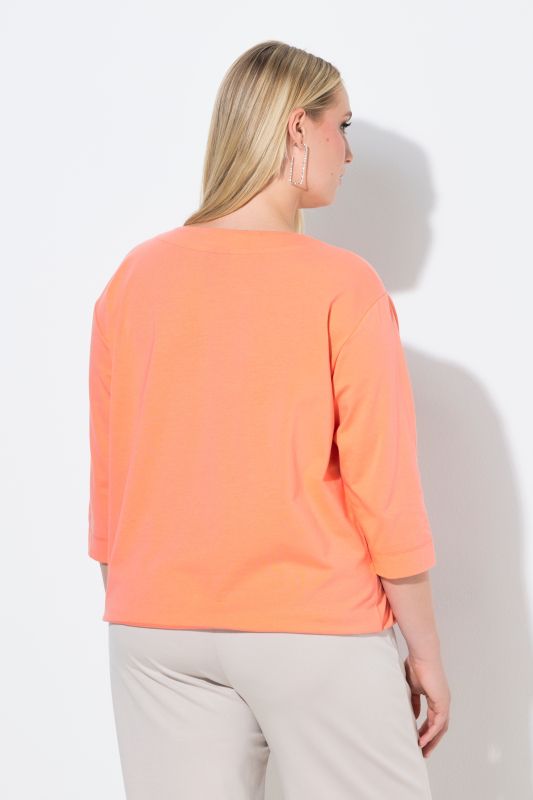 T-shirt col rond et manches 3/4, cordon de serrage à la base et strass fantaisie