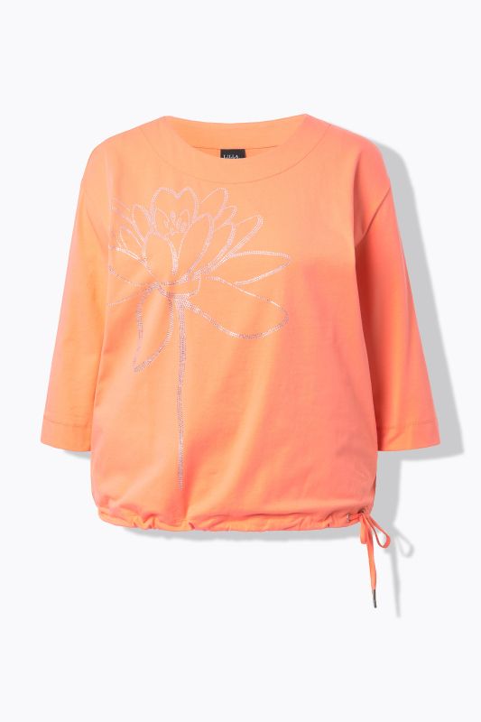 T-shirt col rond et manches 3/4, cordon de serrage à la base et strass fantaisie