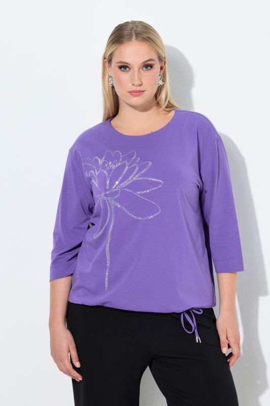 T-shirt col rond et manches 3/4, cordon de serrage à la base et strass fantaisie