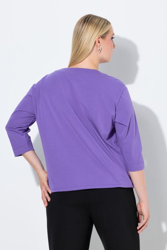 T-shirt col rond et manches 3/4, cordon de serrage à la base et strass fantaisie