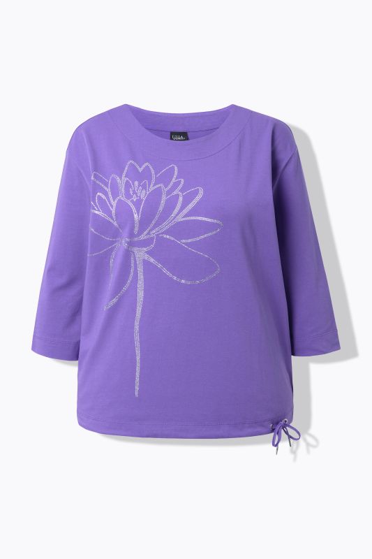 T-shirt col rond et manches 3/4, cordon de serrage à la base et strass fantaisie