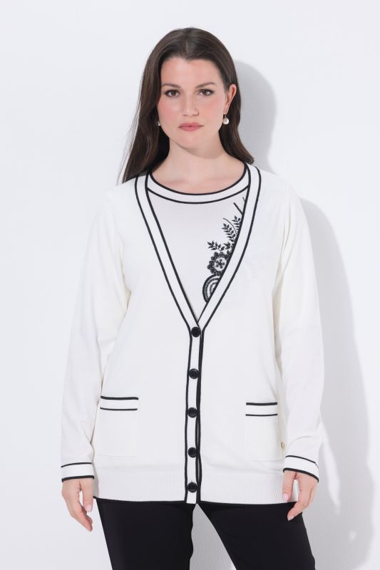 Cardigan long, liserés contrastants, encolure en V et manches longues