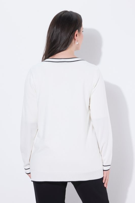 Cardigan long, liserés contrastants, encolure en V et manches longues