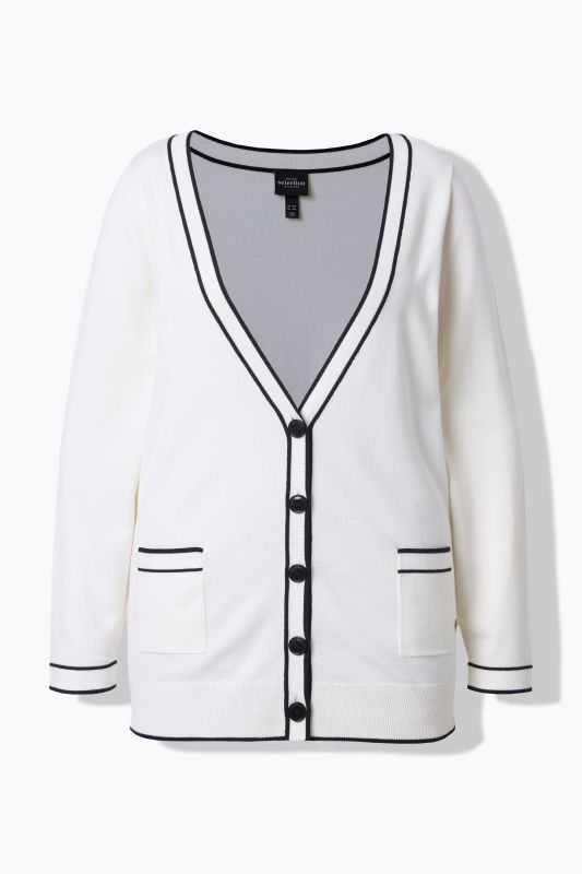 Cardigan long, liserés contrastants, encolure en V et manches longues